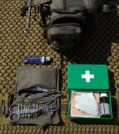 Grab bag. Left end pocket contents. -   Gary Waidson - Ravenlore Bushcraft and Wilderness skills.